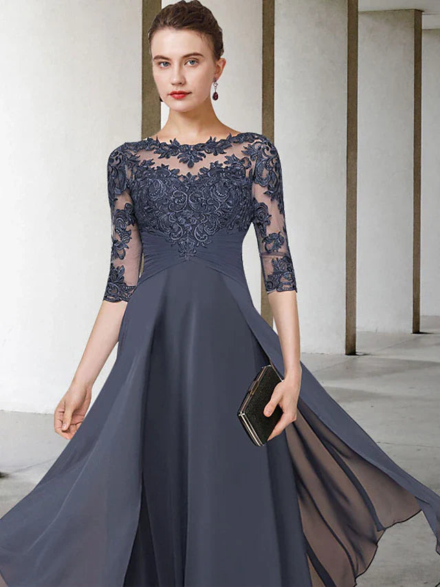 Wholesale A-Line Mother of the Bride Dress Elegant Jewel Neck Ankle Length Chiffon Lace Short Sleeve with Ruched Appliques